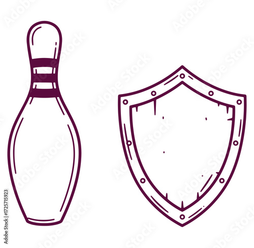 Simple hand drawn illustration of a bowling pin alongside a shield on a white background