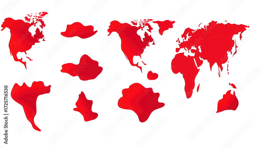 Fototapeta premium A red world map illustration various continents and regions in a stylized. modern design. ideal for educational materials. presentations. or travel-themed projects