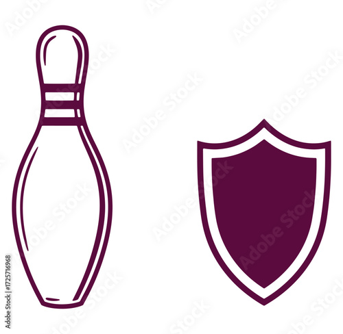 Simple vector illustration of a bowling pin and a shield emblem on white background
