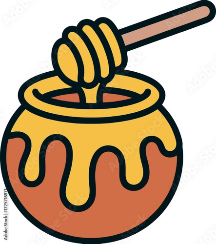Golden honey pot with dipper sweet liquid dripping vector Hand drawn