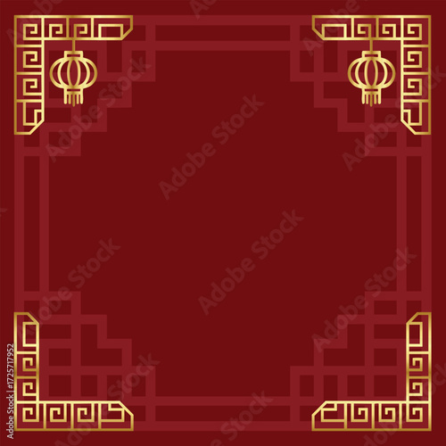 Chinese New Year golden frame background with lanterns and decorative geometric border on elegant red festive backdrop