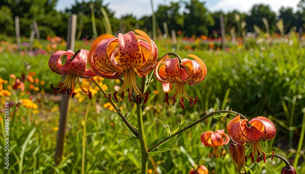 Obraz premium Orange lilies in a garden setting, shallow depth of field