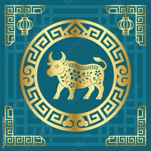 Chinese zodiac ox golden vector illustration with decorative circular frame, lantern ornaments and elegant teal background