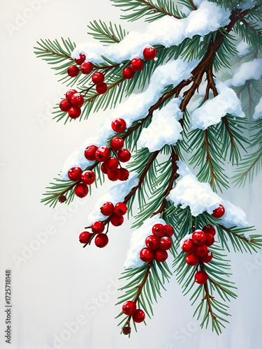 Snow-covered scenery, pine branches with red winter berries, impasto palette knife painting, frosty background