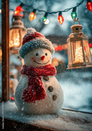Snowman stands cheerfully in a winter setting as colorful lights twinkle in the background during a festive holiday season
