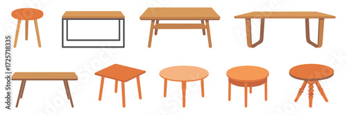 Collection of assorted wooden tables and stools in various shapes and sizes with warm orange and brown tones.