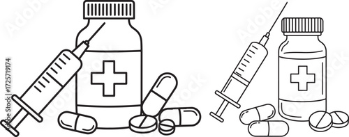 Medical syringes and pills silhouette
