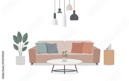 Flat illustration of a living room scene with a pink sofa plant and hanging lamps couch pillows.