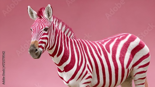 Zebra with pink stripes is standing in front of a pink background. The zebra's pink stripes contrast with the pink background, creating a bold and eye-catching image