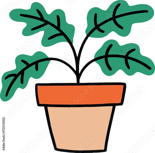 Green potted plant simple cartoon illustration houseplant growing indoors vector Hand drawn