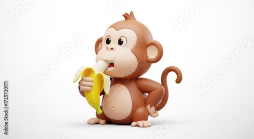 Cute Cartoon Monkey Eating a Banana on White Background.