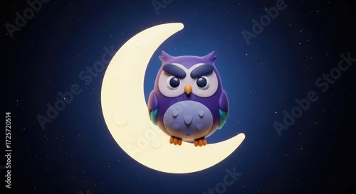 Cute Cartoon Owl Perched on a Glowing Crescent Moon at Night.