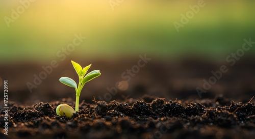 A young green sprout emerges from rich soil, symbolizing new life and fresh beginnings under warm sunlight