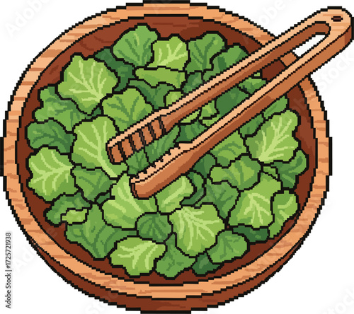 Pixel art illustration of a wooden bowl filled with green lettuce, with salad tongs resting on top.