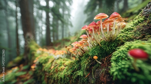 Close-up of vibrant orange-red mushrooms clustered on a mossy forest log, bathed in soft, diffused light, showcasing the intricate details of nature's beauty.