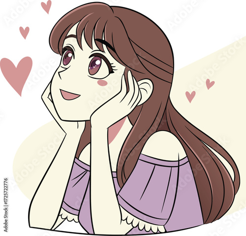 A young girl with big expressive eyes, light makeup, and soft facial features. She is holding a small round mirror in one hand 
| 肌荒れに悩んでいる女性