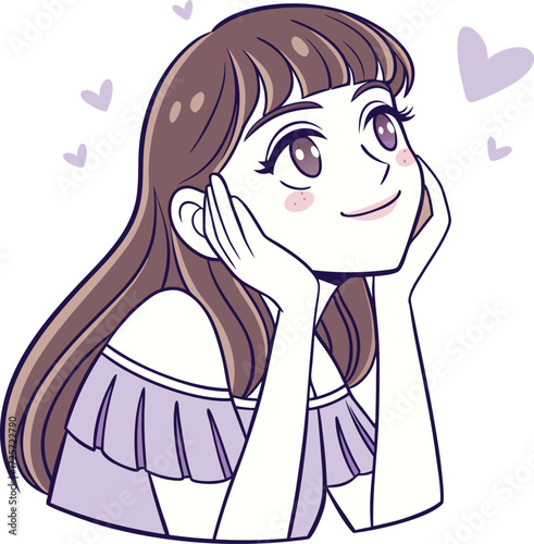 A young girl with big expressive eyes, light makeup, and soft facial features. She is holding a small round mirror in one hand 
| 肌荒れに悩んでいる女性