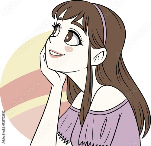 A young girl with big expressive eyes, light makeup, and soft facial features. She is holding a small round mirror in one hand 
| 肌荒れに悩んでいる女性