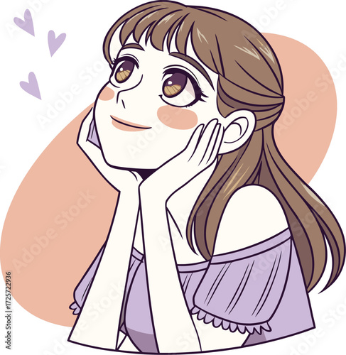 A young girl with big expressive eyes, light makeup, and soft facial features. She is holding a small round mirror in one hand 
| 肌荒れに悩んでいる女性