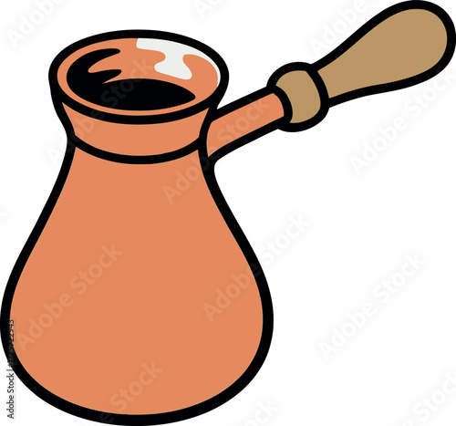 Copper turkish coffee pot ibrik with wooden handle brewing hot beverage vector Hand drawn