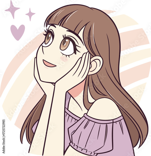 A young girl with big expressive eyes, light makeup, and soft facial features. She is holding a small round mirror in one hand 
| 肌荒れに悩んでいる女性