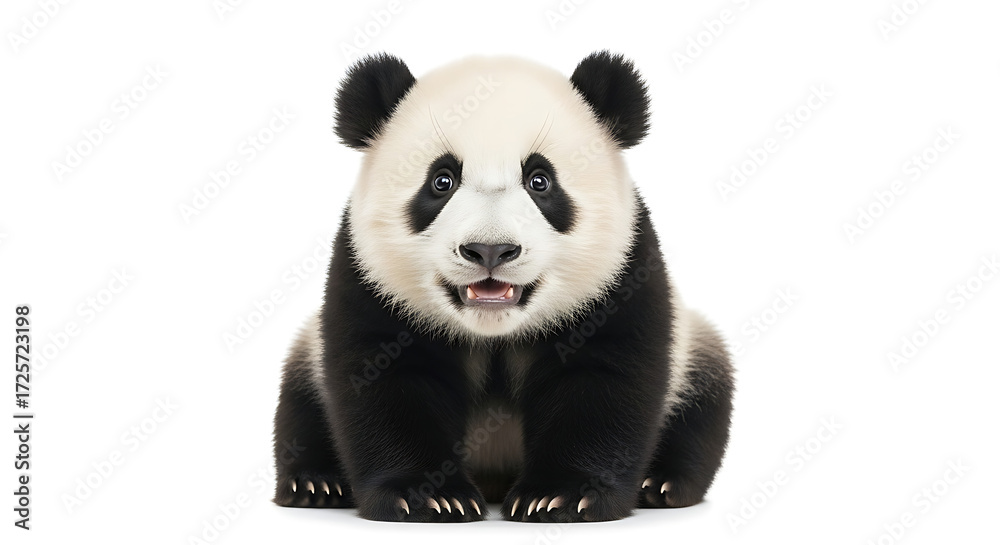 Naklejka premium A panda bear sitting upright facing forward with a white background and a cute expression on its face