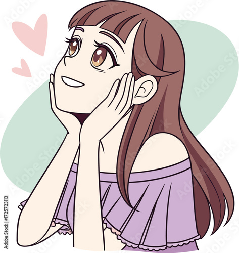 A young girl with big expressive eyes, light makeup, and soft facial features. She is holding a small round mirror in one hand 
| 肌荒れに悩んでいる女性
