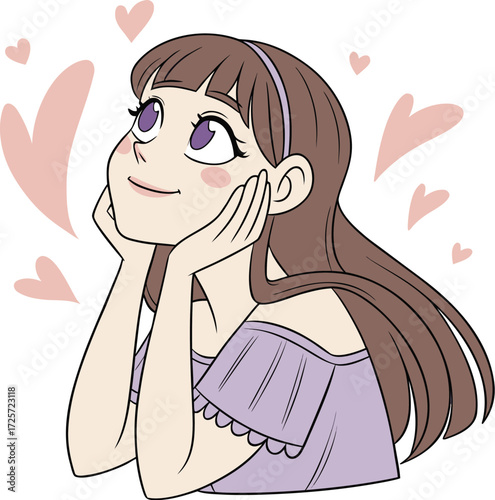 A young girl with big expressive eyes, light makeup, and soft facial features. She is holding a small round mirror in one hand 
| 肌荒れに悩んでいる女性
