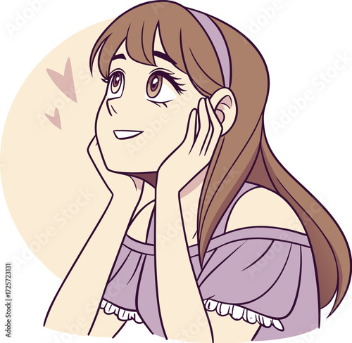 A young girl with big expressive eyes, light makeup, and soft facial features. She is holding a small round mirror in one hand 
| 肌荒れに悩んでいる女性