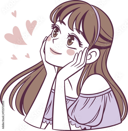 A young girl with big expressive eyes, light makeup, and soft facial features. She is holding a small round mirror in one hand 
| 肌荒れに悩んでいる女性