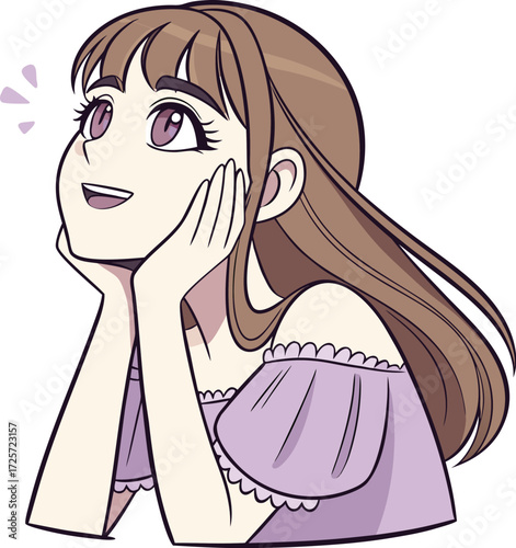 A young girl with big expressive eyes, light makeup, and soft facial features. She is holding a small round mirror in one hand 
| 肌荒れに悩んでいる女性
