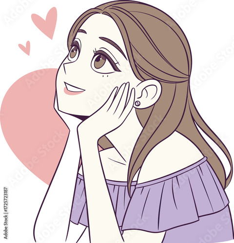 A young girl with big expressive eyes, light makeup, and soft facial features. She is holding a small round mirror in one hand 
| 肌荒れに悩んでいる女性