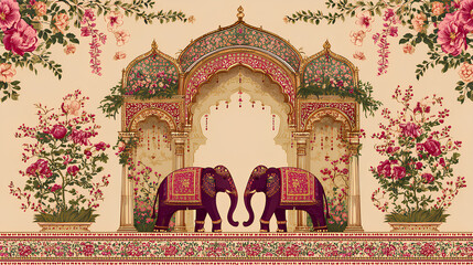 Mughal Rajasthani art style featuring adorned elephants floral archway and decorative border illustration for wedding Stock Illustration