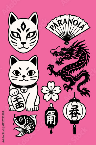 Collection of Japanese tattoo and cultural illustrations in bold black and white style on a pink background. Includes dragon, koi fish, cherry blossom, lucky maneki neko cat, kitsune mask, lantern