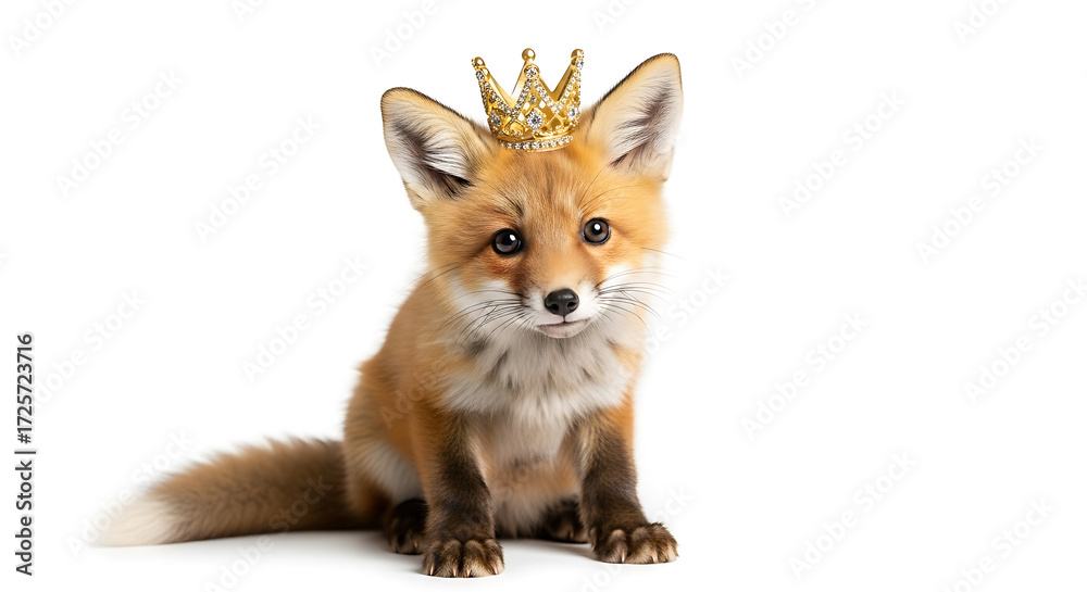 Fototapeta premium A small fox with a crown sitting on a white background looking directly at the viewer with big eyes