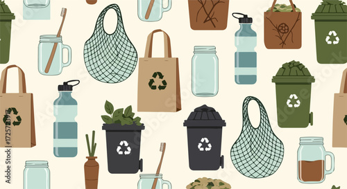 Zero waste pattern displays reusable shopping bags, water bottles and recycling bins in seamless repeat. Zero waste pattern emphasizes sustainability and conscious living,