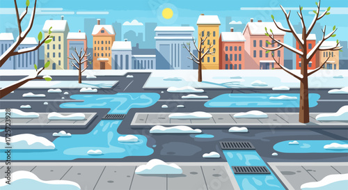 Spring thaw cityscape with puddles and melting snow in city. Spring thaw brings warmer weather after winter in residential and commercial neighborhood.