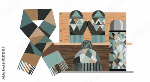 Winter accessories set on wooden shelf presenting a winter accessories set featuring scarf, hat, mittens and thermos. Cozy winter accessories are ideal for cold weather.