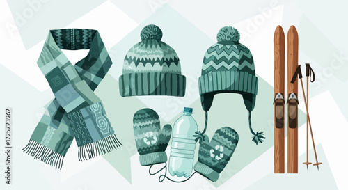 Winter gear set featuring skis, hats, and mittens arranged on light background. Winter gear set includes cozy scarf, knitted hats and warm mittens, and also skis for winter adventures.