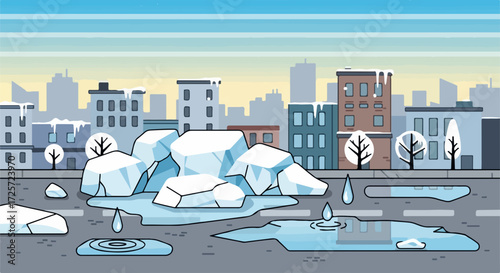 Icy streetscape with puddles in urban scene, meltwater dripping. Icy streetscape illustrates melting blocks of ice along city streets, creating puddles of water.