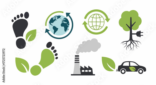 Eco footprint icons illustrating environmental protection initiatives and efforts. Eco footprint icons showcase various elements: a leaf, globe, tree, electric car, and factory.