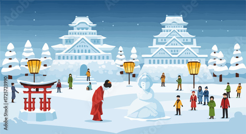 Snow sculpture art city in winter with Japanese woman in kimono bowing in foreground. People strolling around snow sculpture exhibition enjoy winter scene in wonderland setting.