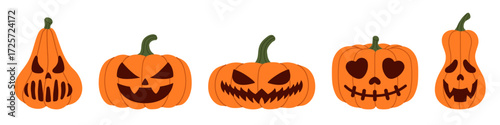 Collection of carved Halloween pumpkins with spooky and funny faces, including scary, creepy and cute jack-o’-lantern designs for autumn celebrations. Flat vector set. Hand drawn. Isolated background.