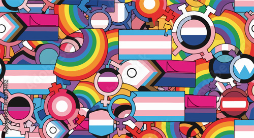 Pride month celebration with scattered gender symbols and vibrant LGBTQ flags. Pride month celebrates equality and inclusivity in support of various orientations and expressions.