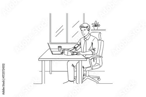 Business professional checking blood pressure during office break, continuous black line.