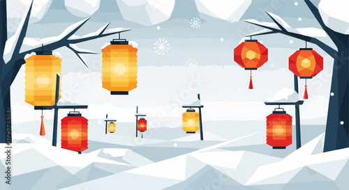 Winter background featuring Chinese lanterns, winter background with red and yellow hanging lamps in snowy landscape.