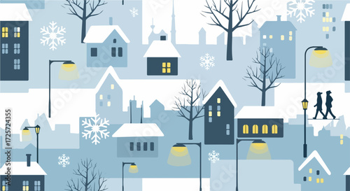 Winter scene showing houses with street lights creating winter scene, depicting a snowfall over village, winter scene with building silhouettes.