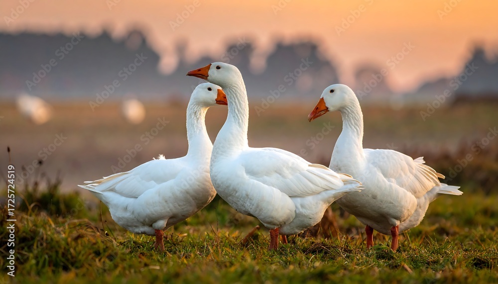 Obraz premium Three white geese in a field at sunrise