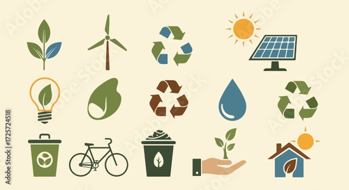 Environmental icons arrayed to represent ecological preservation and sustainable living. Environmental icons including leaf emblems, wind turbine, recycle symbols, solar panel,