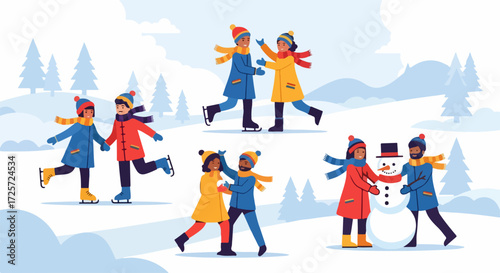 Winter scene showcases people ice skating in snowy environment, enjoying winter activities like ice skating. Winter scene portrays people skating in different colorful outfits,